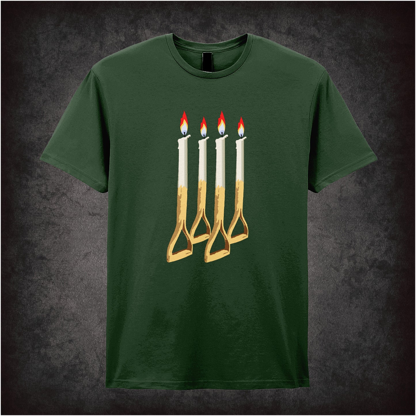 forest unisex T-shirt featuring the text “Four Candles - Fork Handles” inspired by The Two Ronnies, with playful, vintage-style typography referencing the classic sketch.