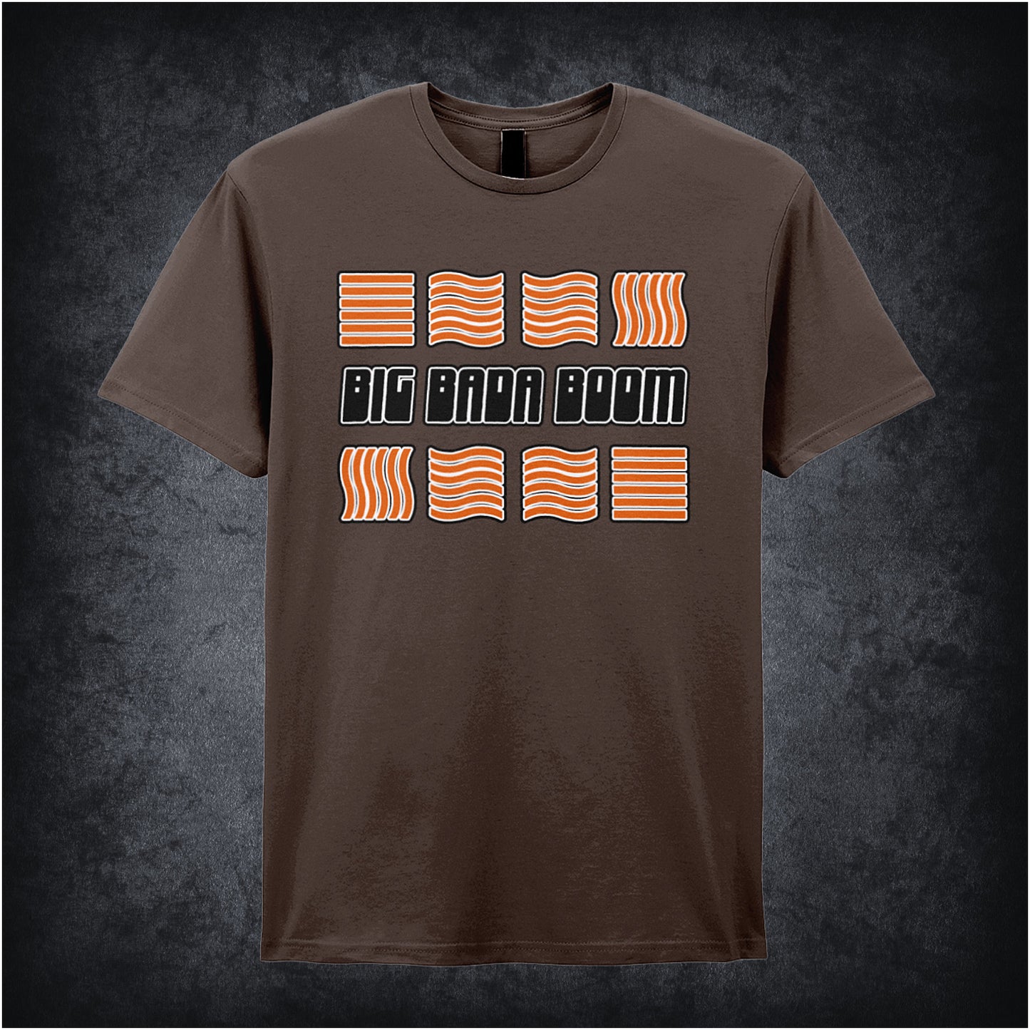 chocolate unisex t-shirt featuring the Four Elements symbols alongside an illustration of Leeloo from The Fifth Element with the phrase “Big Bada Boom,” highlighting her orange hair and white outfit.