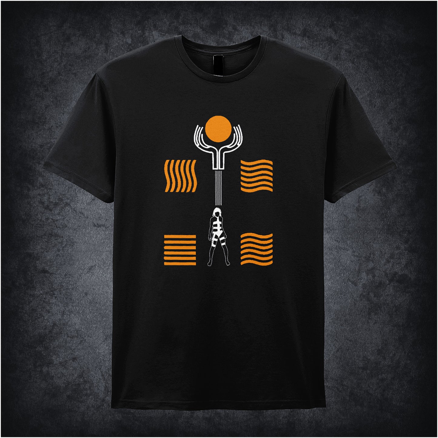 Black unisex t-shirt featuring a graphic of the Four Elements symbols alongside an illustration of Leeloo from The Fifth Element, combining iconic symbols with her distinctive orange hair and white outfit.