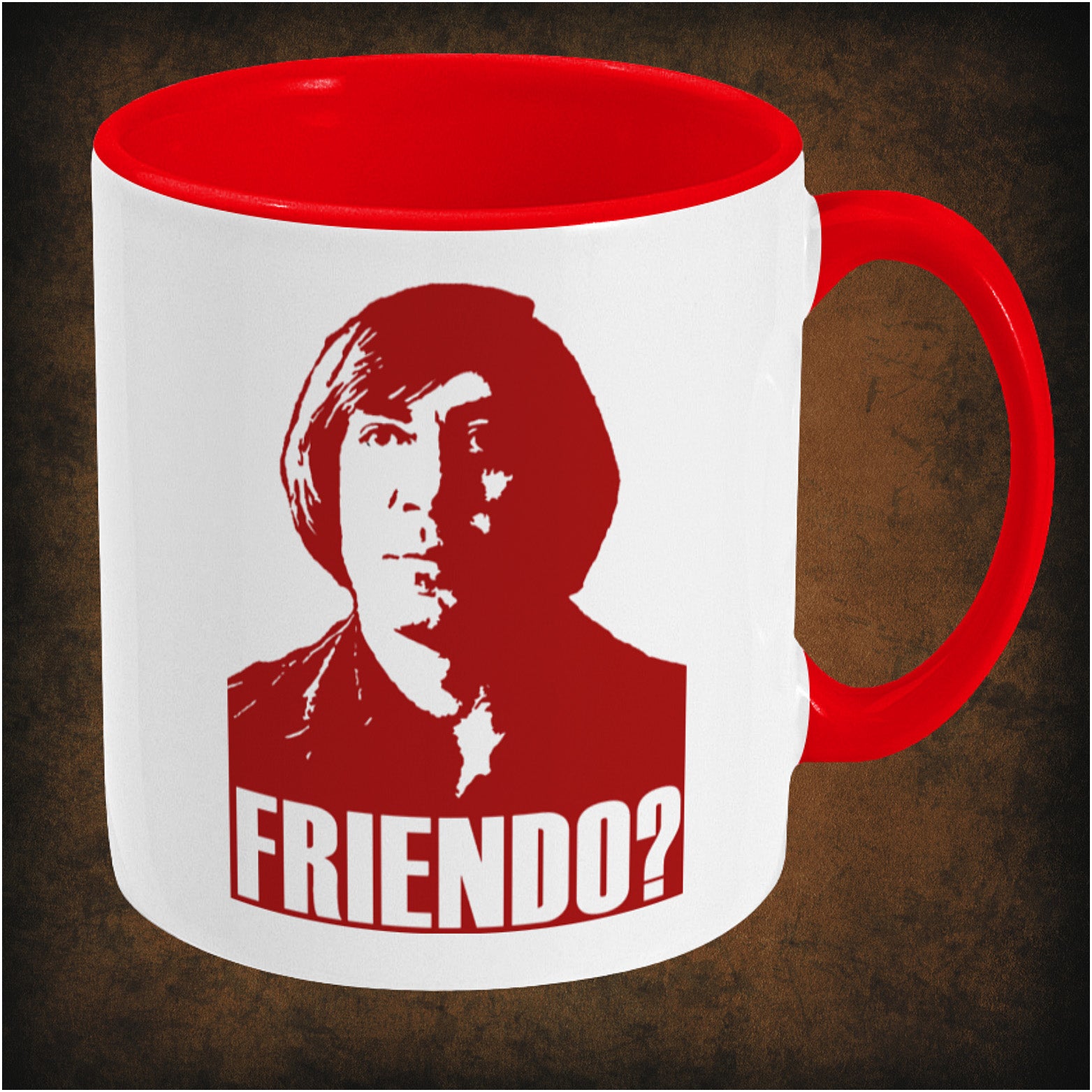 Two-tone ceramic mug featuring 'Friendo?' design inspired by No Country for Old Men, wrap-around print, dishwasher and microwave safe, right hand side perfect movie fan gift.