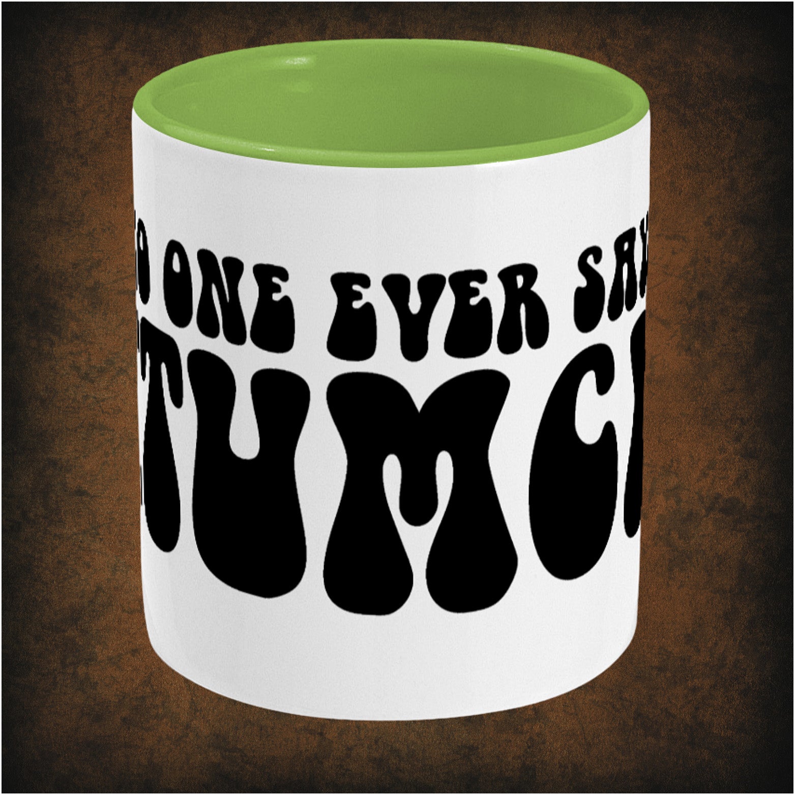 Two-tone ceramic mug featuring 'No One Ever Says Ftumch' design from The Young Ones, durable wrap-around print, centre dishwasher and microwave safe.