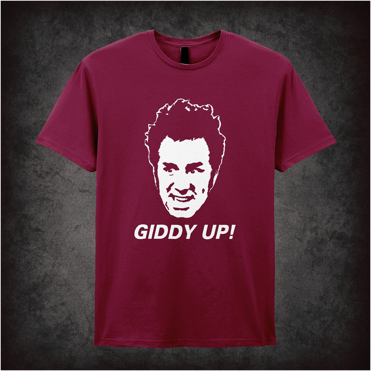 cardinal red soft style unisex T-shirt featuring the phrase "Giddy Up!" inspired by Seinfeld, displayed in bold, playful lettering.