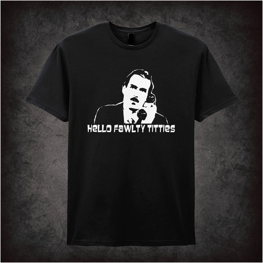 Hello Fawlty Titties unisex black t-shirt inspired by Fawlty Towers TV show soft style British comedy fan apparel