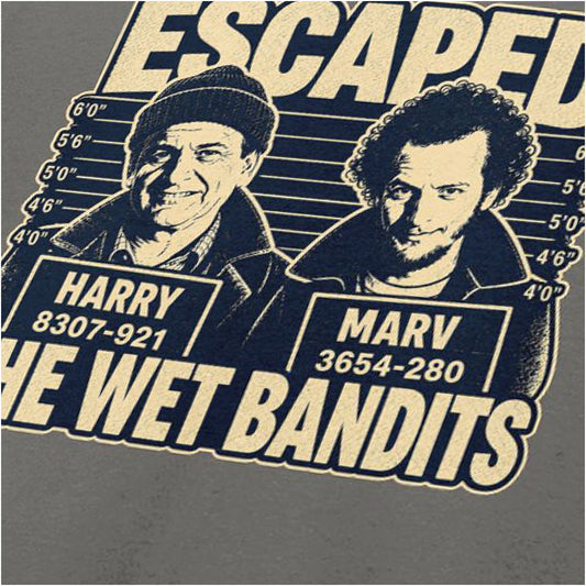 Close-up of wet Bandits Harry and Marvin T-shirt in charcoal from Home Alone