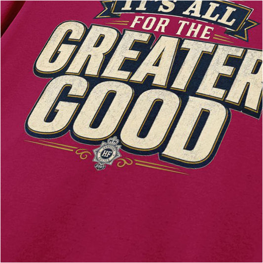 Close-up of ‘it's all for the greater good’ T-shirt in cardinal red from Hot Fuzz