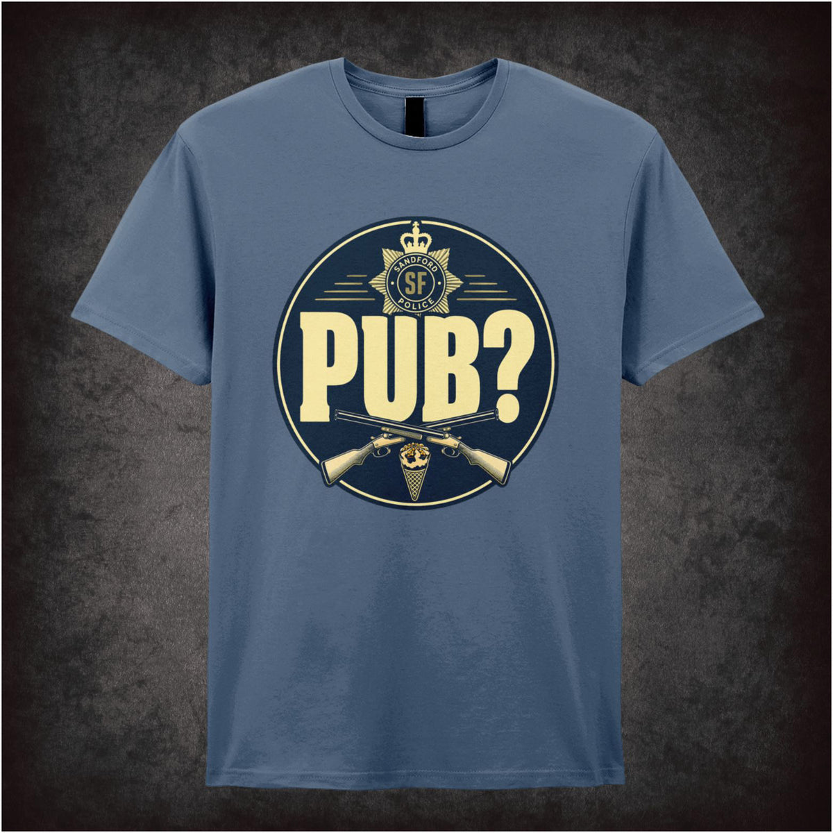 ‘sandford police PUB?’ T-shirt in indigo from Hot Fuzz