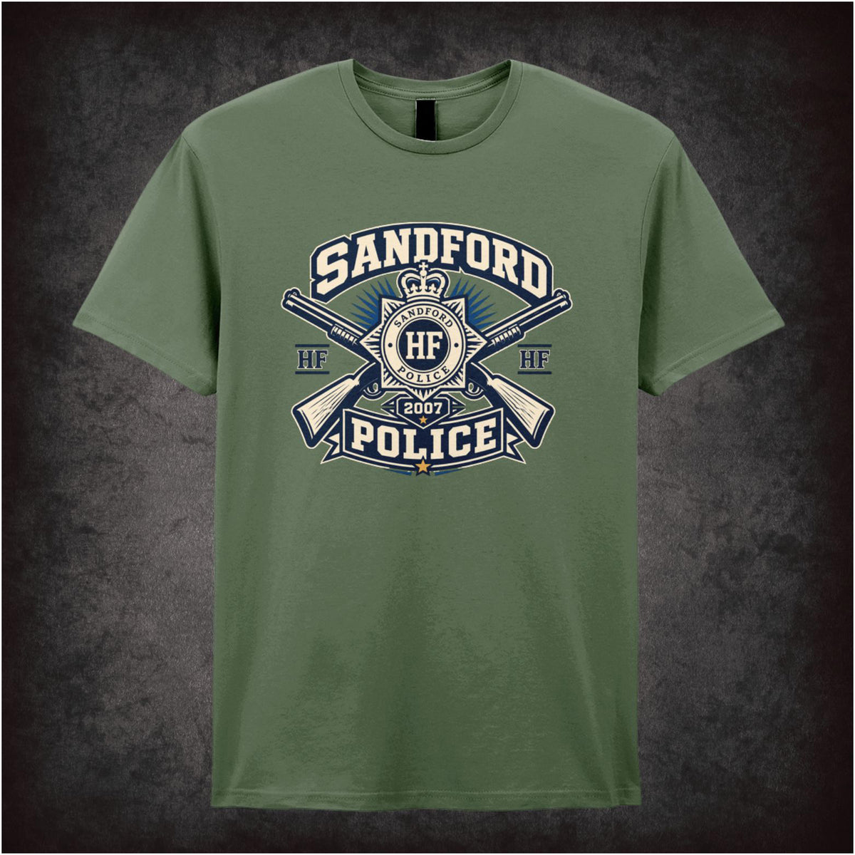 ‘sandford police’ T-shirt in military green from Hot Fuzz