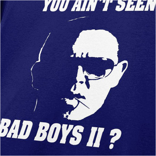 Close-up of pC Danny Butterman face ‘you ain’t seen Bad Boys II?’ T-shirt in navy from Hot Fuzz
