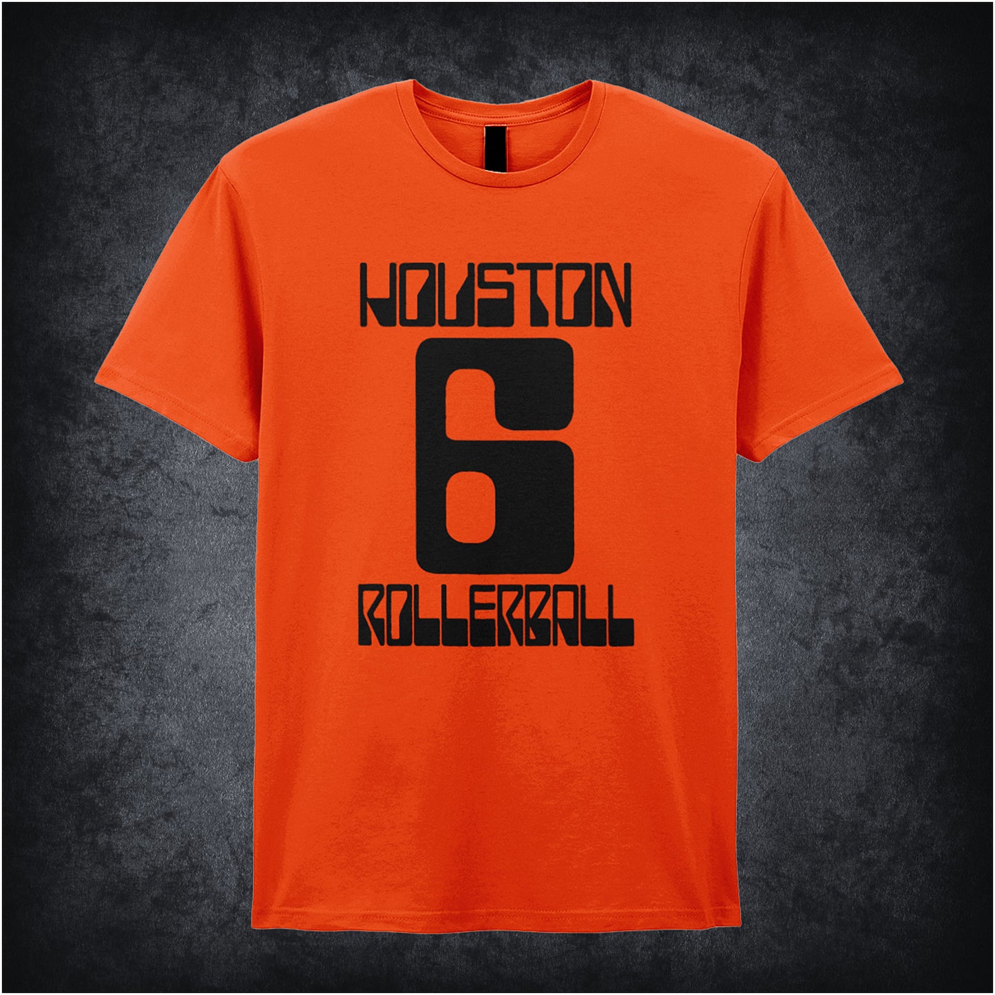orange unisex T-shirt featuring “Houston Rollerball 6” design inspired by Rollerball, displayed in bold white lettering with a sporty, futuristic style.