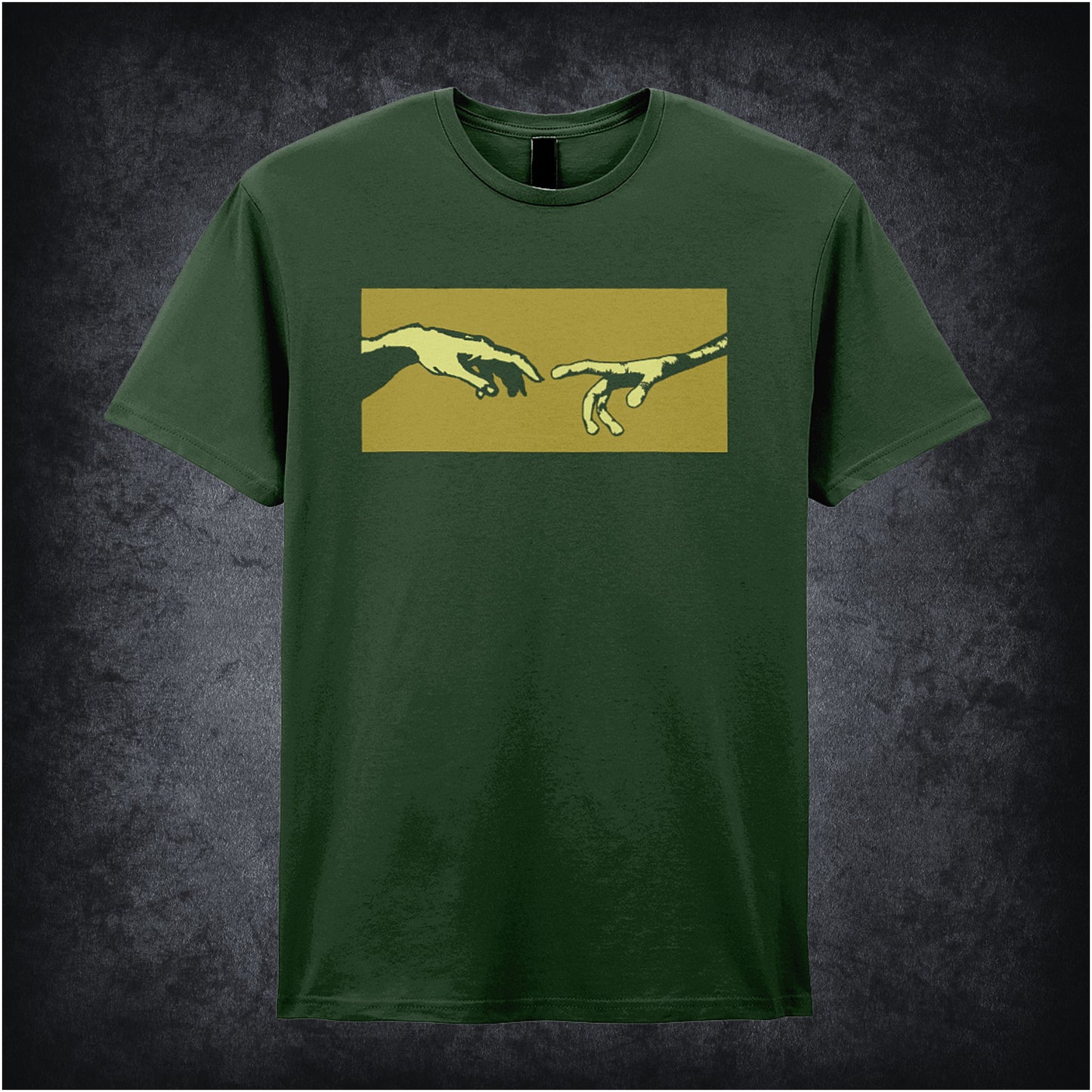 forest unisex t-shirt featuring a detailed illustration of a human hand and an alien hand reaching toward each other, their fingers nearly touching in a symbolic gesture of contact.