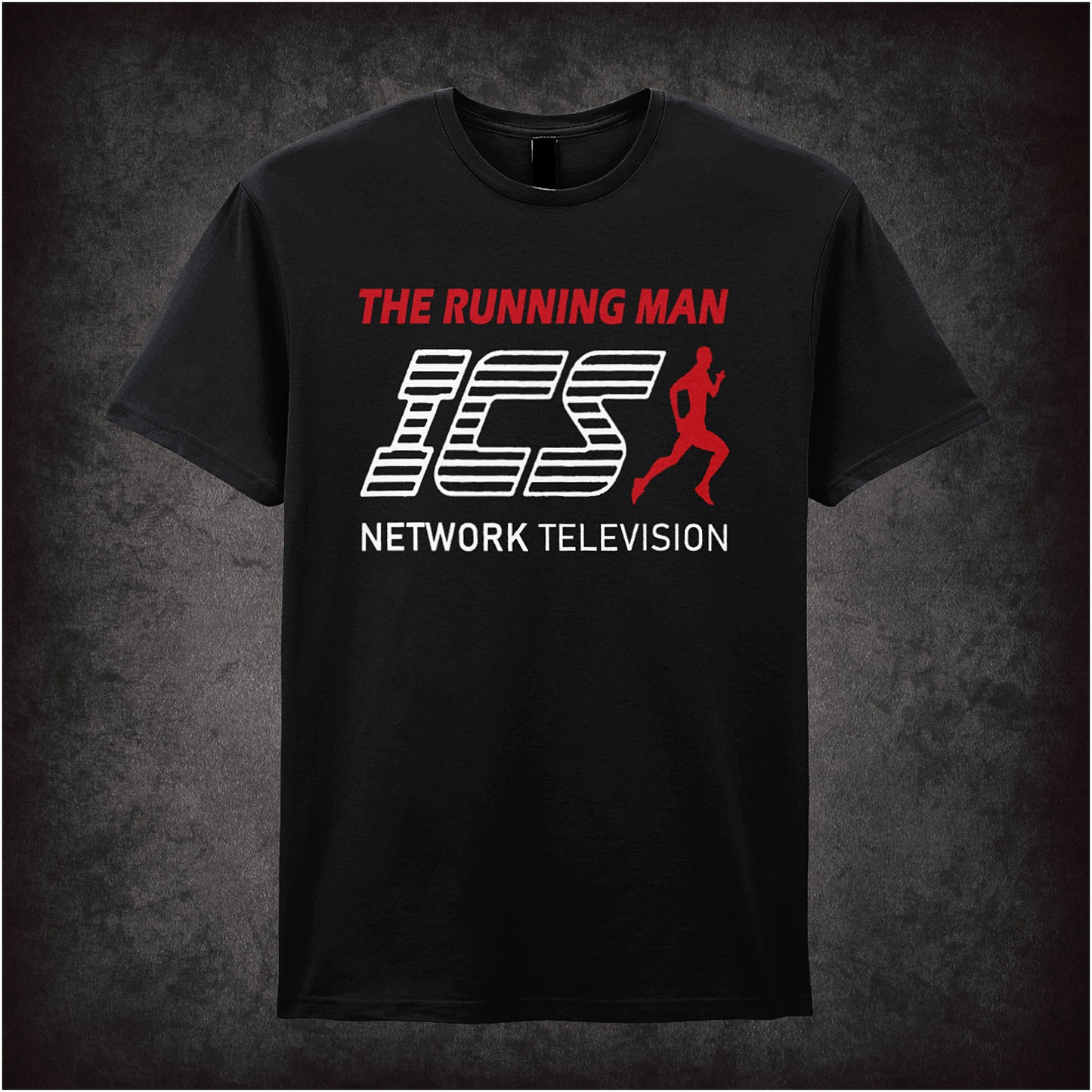 black unisex T-shirt featuring the ICS Network Television logo from The Running Man, designed in bold, futuristic lettering.