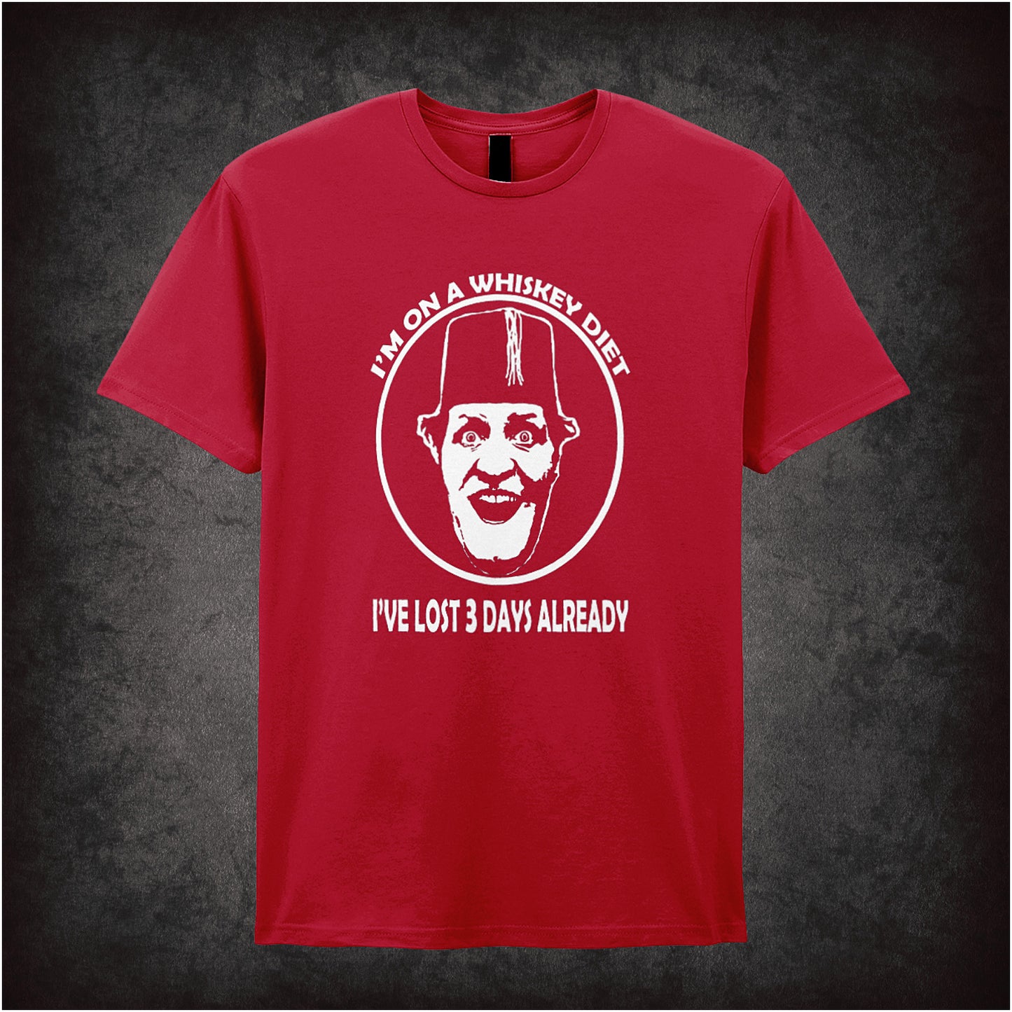 I'm on a whiskey diet I've lost three days already unisex cherry red t-shirt inspired by Tommy Cooper soft style British comedy fan apparel
