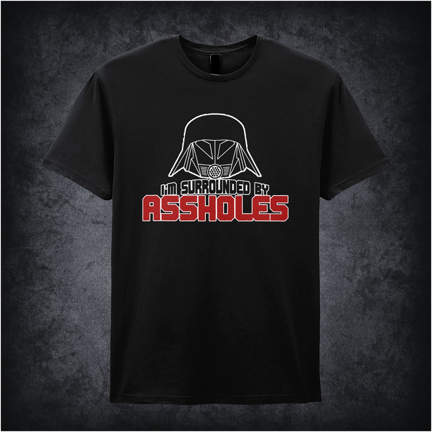 black unisex t-shirt featuring the phrase “I’m Surrounded By Assholes” in bold, humorous typography inspired by the movie Spaceballs.