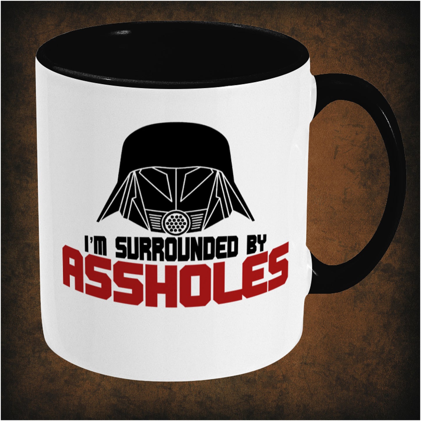 I’m Surrounded by Assholes’ two-toned mug inspired by Spaceballs, right hand side featuring iconic comedy movie quote, bold design, and collectible Mel Brooks film merchandise for sci-fi parody fans.