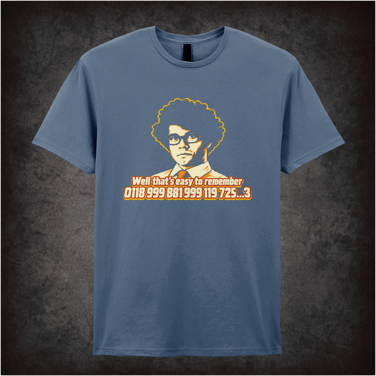 “Moss ‘0118 999 881 999 119 725…3’ T-shirt in indigo from The IT Crowd”