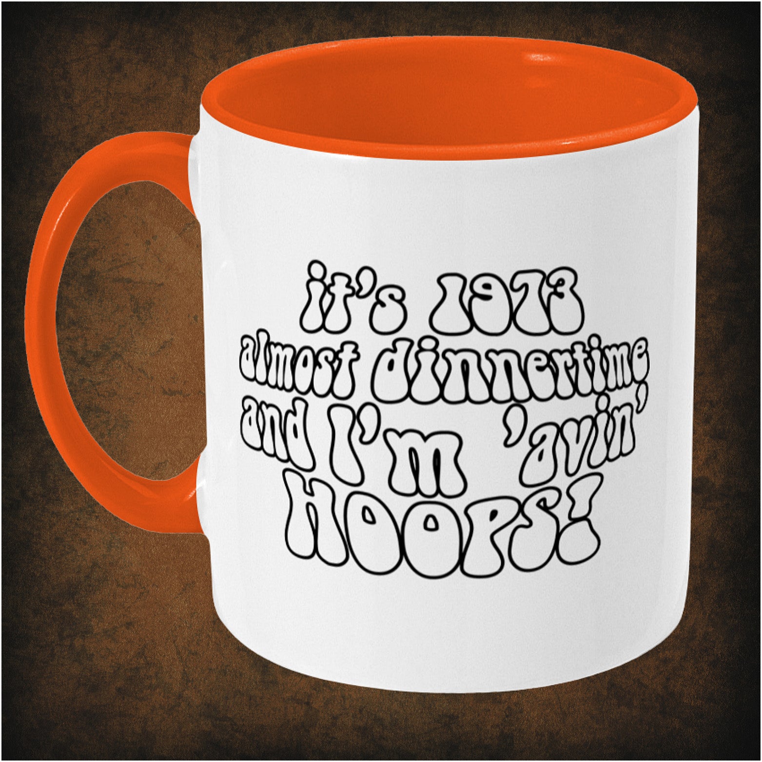 It’s 1973, almost dinnertime and I’m ‘avin’ hoops’ two-toned mug inspired by Life on Mars, left hand side featuring iconic TV show quote, retro design, and collectible British pop culture merchandise.