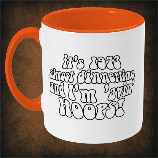 It’s 1973, almost dinnertime and I’m ‘avin’ hoops’ two-toned mug inspired by Life on Mars, left hand side featuring iconic TV show quote, retro design, and collectible British pop culture merchandise.