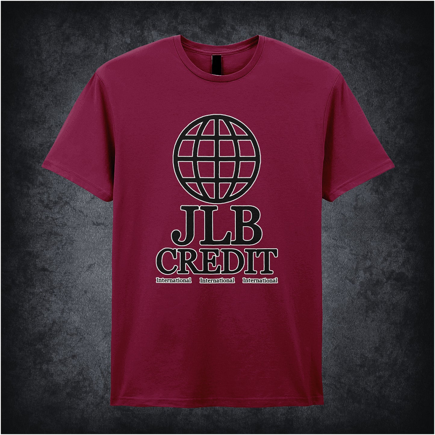 cardinal red soft style unisex T-shirt featuring the JLB Credit International logo inspired by Peep Show, designed in a clean, corporate style.