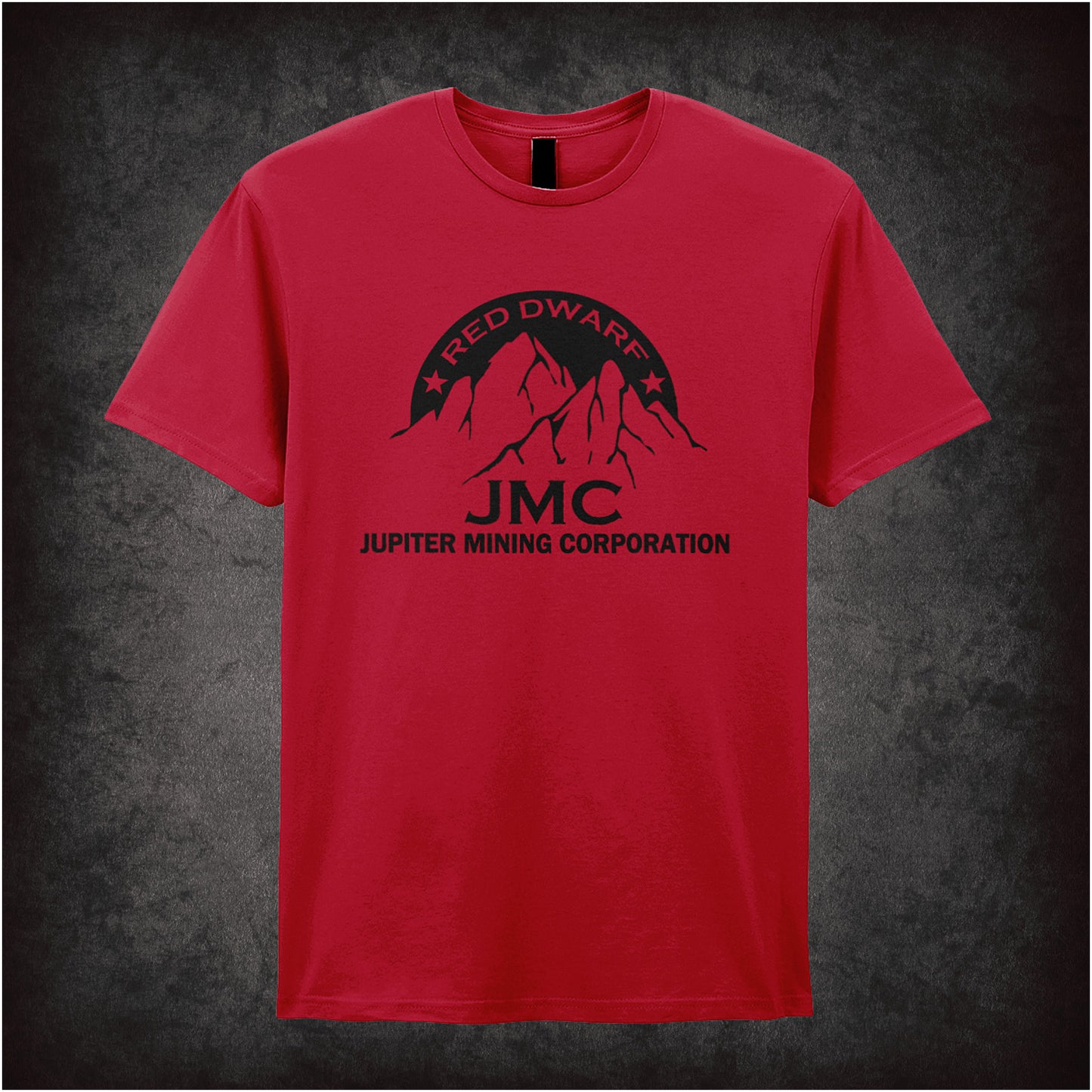 cherry red soft style unisex T-shirt featuring the Jupiter Mining Corporation logo inspired by Red Dwarf, designed with bold, futuristic typography.