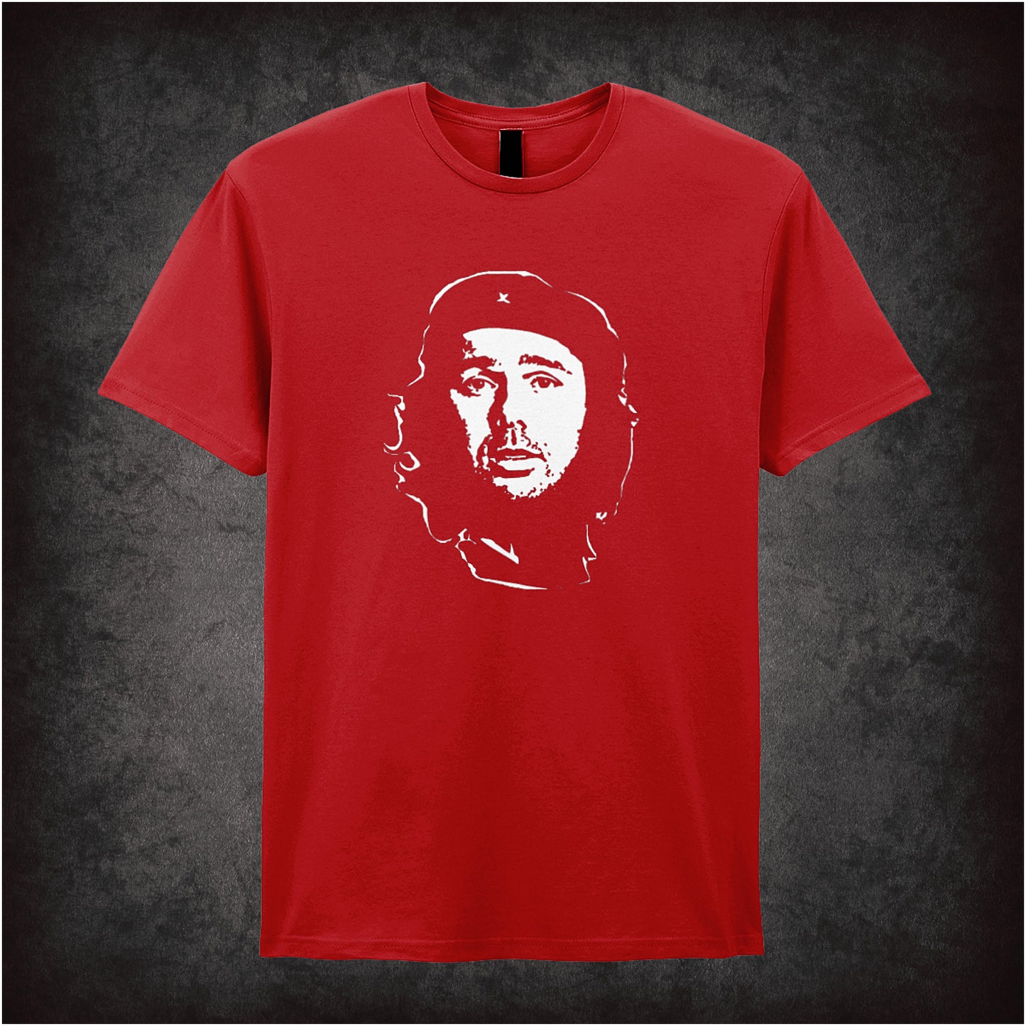 red soft style unisex T-shirt featuring a Che Guevara-style graphic of Karl Pilkington, blending iconic revolutionary imagery with comedic flair.