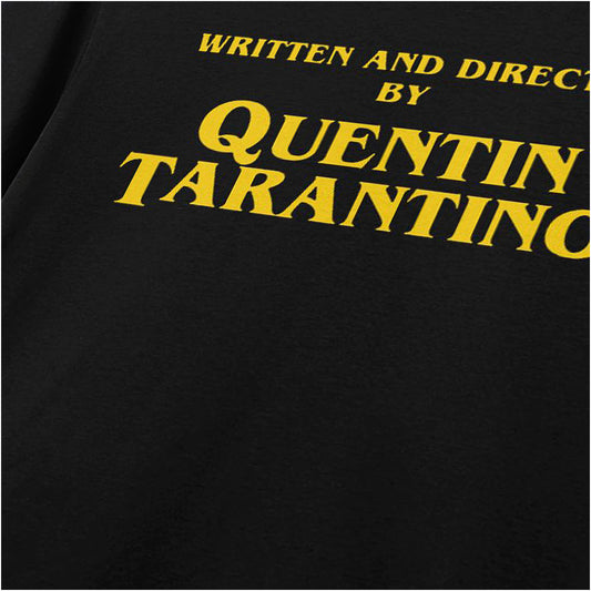 Close-up of ‘Written and Directed by Quentin Tarantino’ text T-shirt in black