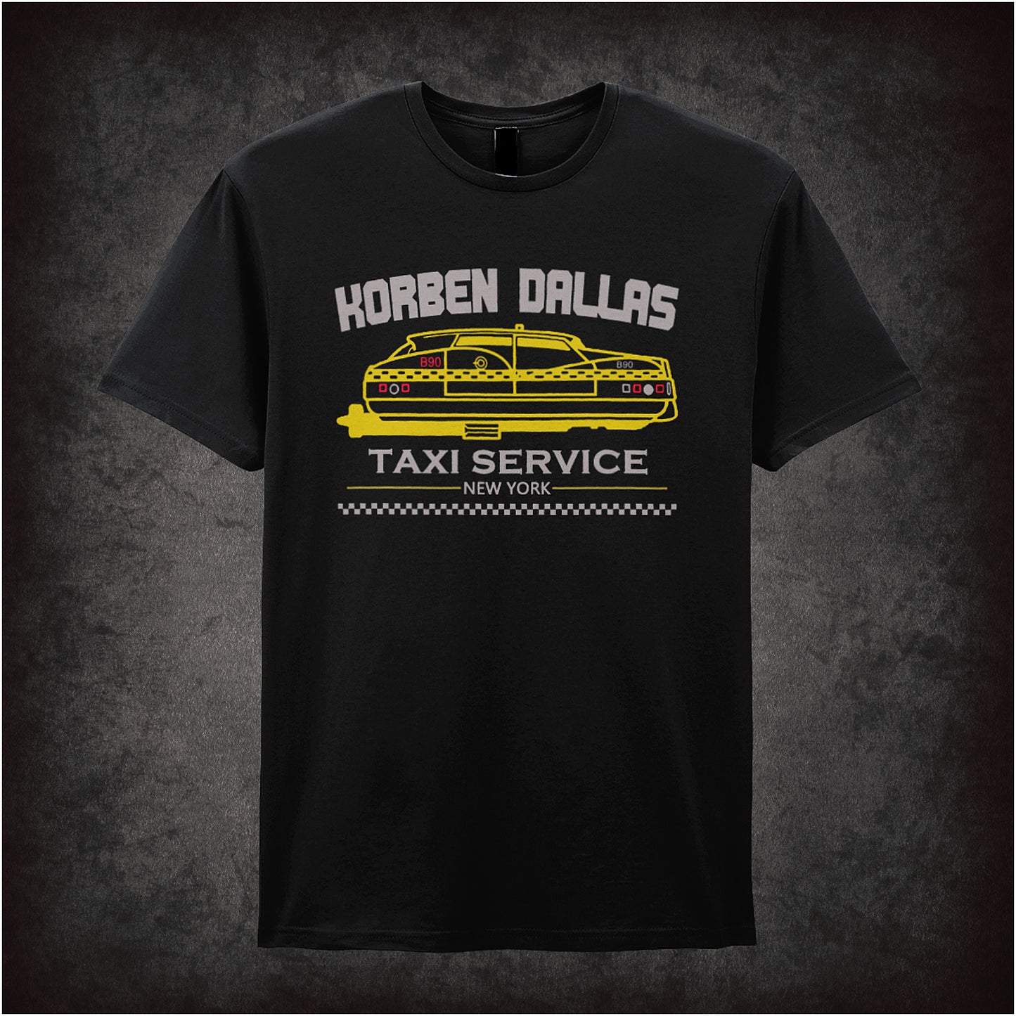 Black unisex t-shirt featuring a bold graphic for “Korben Dallas Taxi Service” inspired by The Fifth Element, with futuristic typography and a flying taxi design.