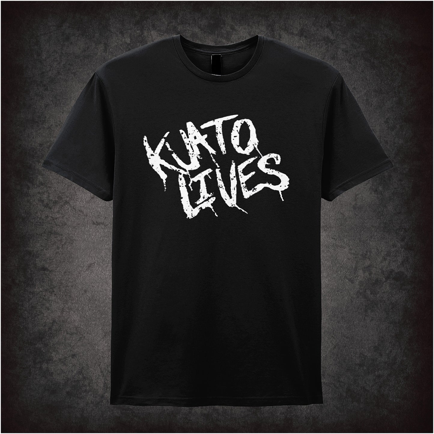 black unisex t-shirt featuring the phrase "Kuato Lives" in bold yellow font, inspired by Total Recall.