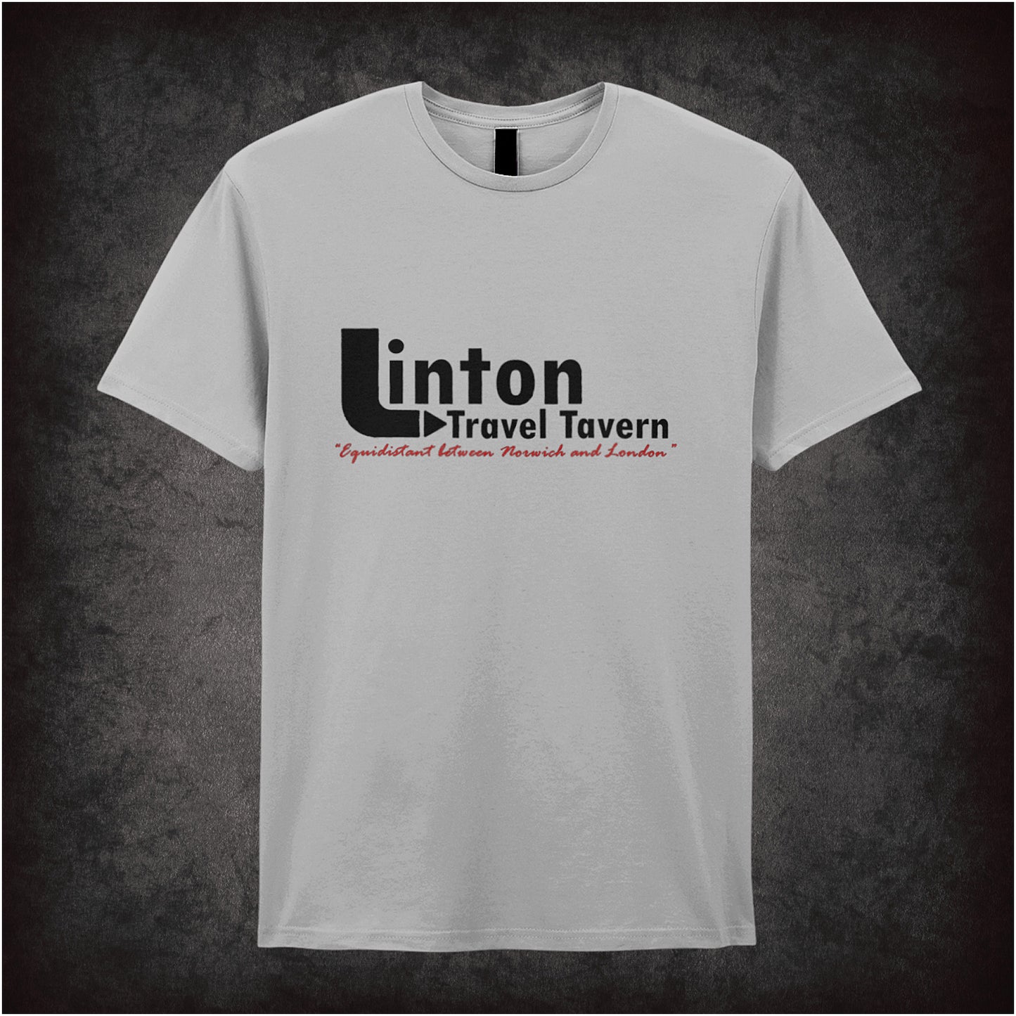 Sports grey unisex t-shirt featuring the linton travel tavern logo from I’m Alan Partridge, displayed in bold, clean lettering.