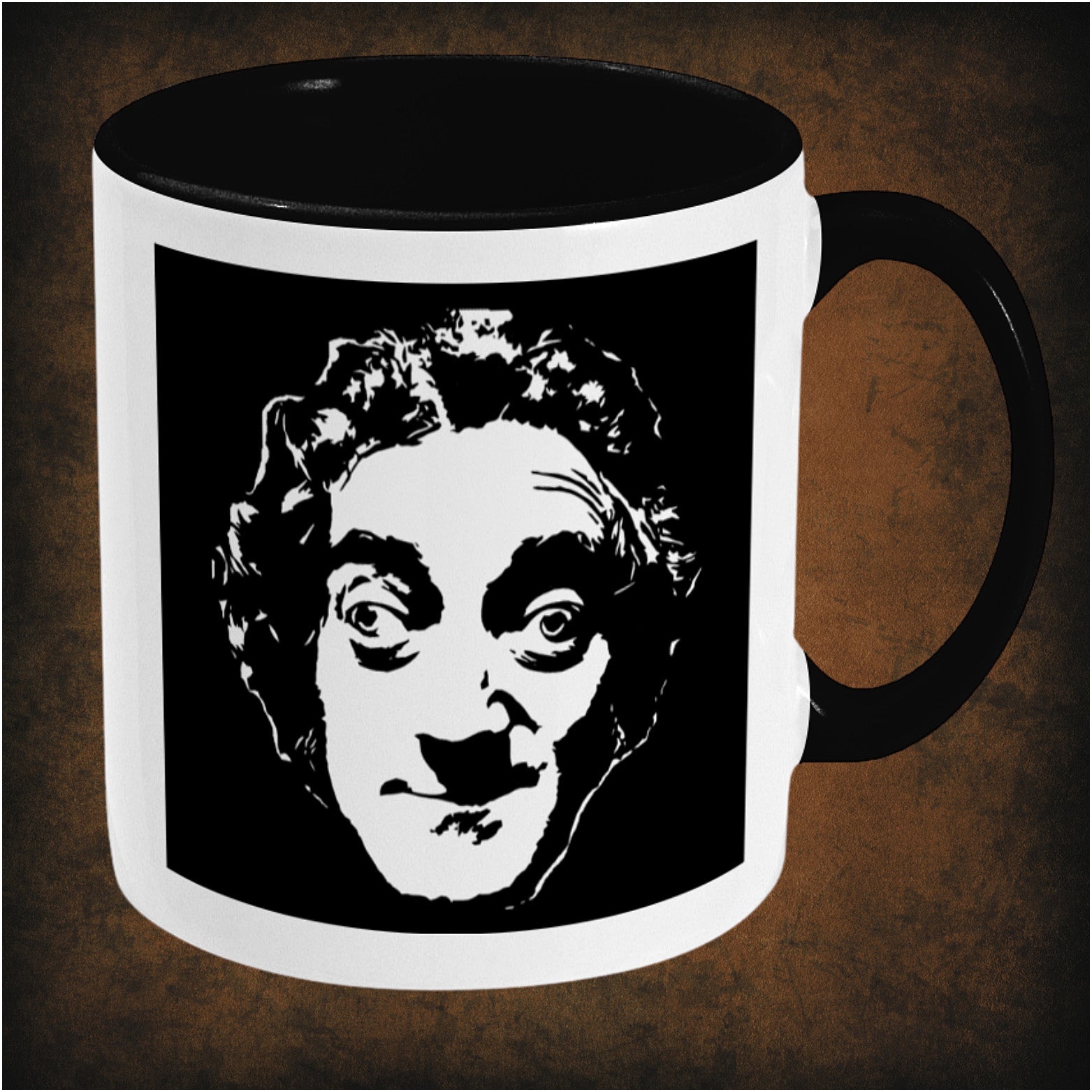 Marty Feldman inspired two-toned mug right hand side featuring iconic comedic likeness, bold caricature design, and classic vintage humour collectible style.