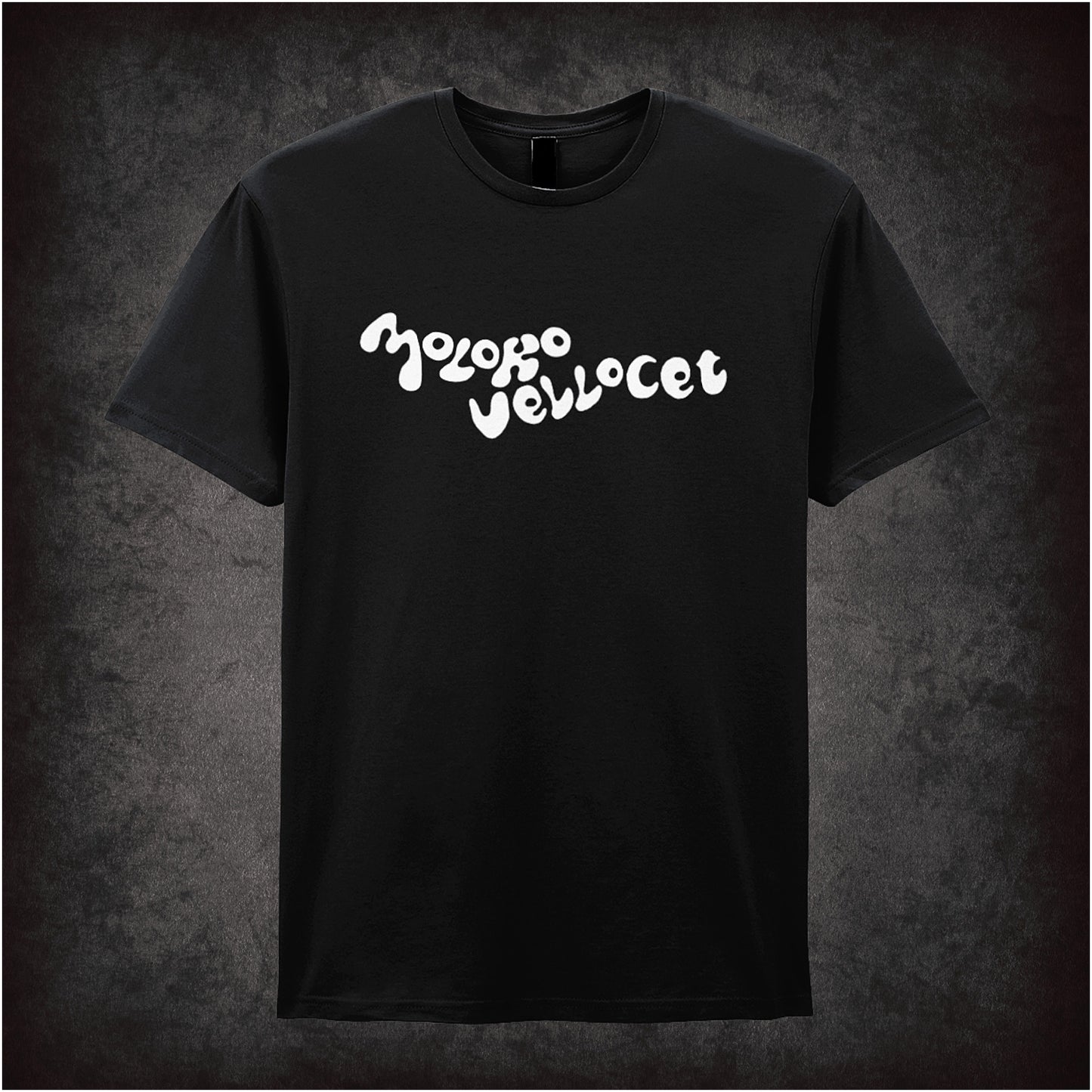 Black unisex T-shirt featuring the Moloko Vellocet logo from A Clockwork Orange in a bold, stylized white design.