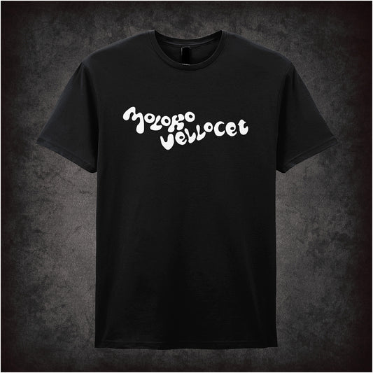Black unisex T-shirt featuring the Moloko Vellocet logo from A Clockwork Orange in a bold, stylized white design.