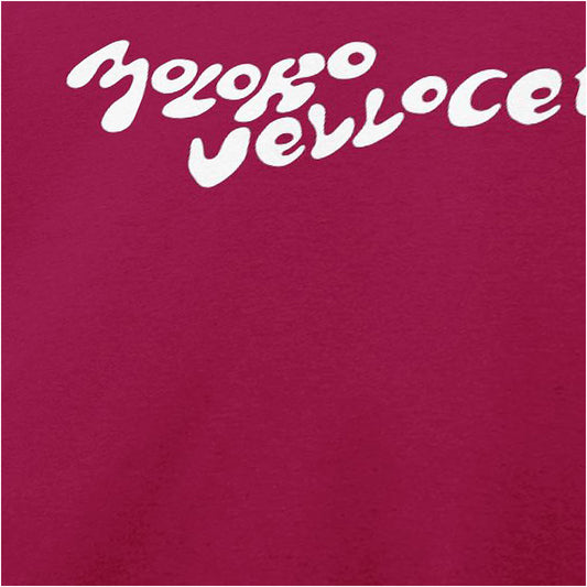 Close-up of moloko Vellocet slogan T-shirt in cardinal red from A Clockwork Orange
