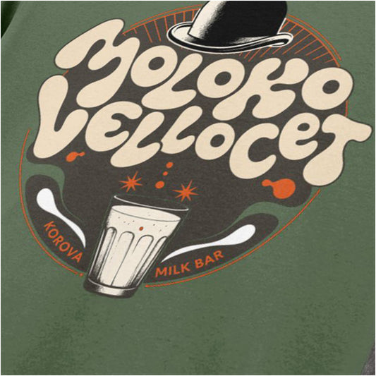 Close-up of moloko Vellocet Korova Milk Bar slogan T-shirt in military green from A Clockwork Orange