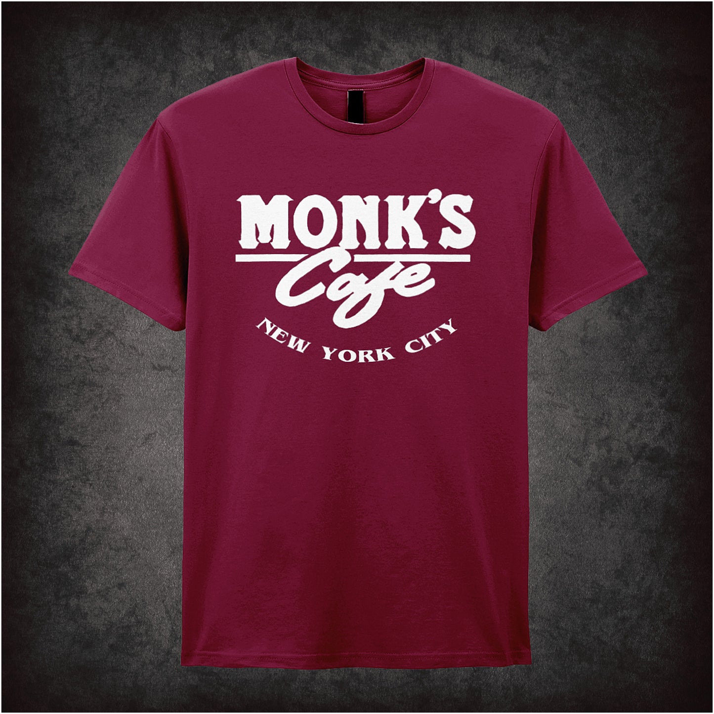 cardinal red unisex T-shirt featuring “Monk's Cafe New York City” design inspired by Seinfeld, with vintage diner-style lettering.