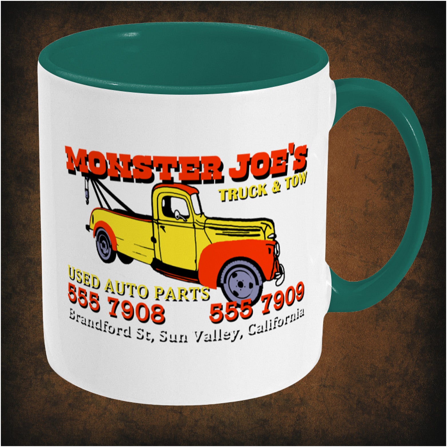 Monster Joe’s Truck N Tow two-toned mug inspired by Pulp Fiction, right hand side featuring vintage garage-style design, iconic movie reference, and collectible Quentin Tarantino fan merchandise.