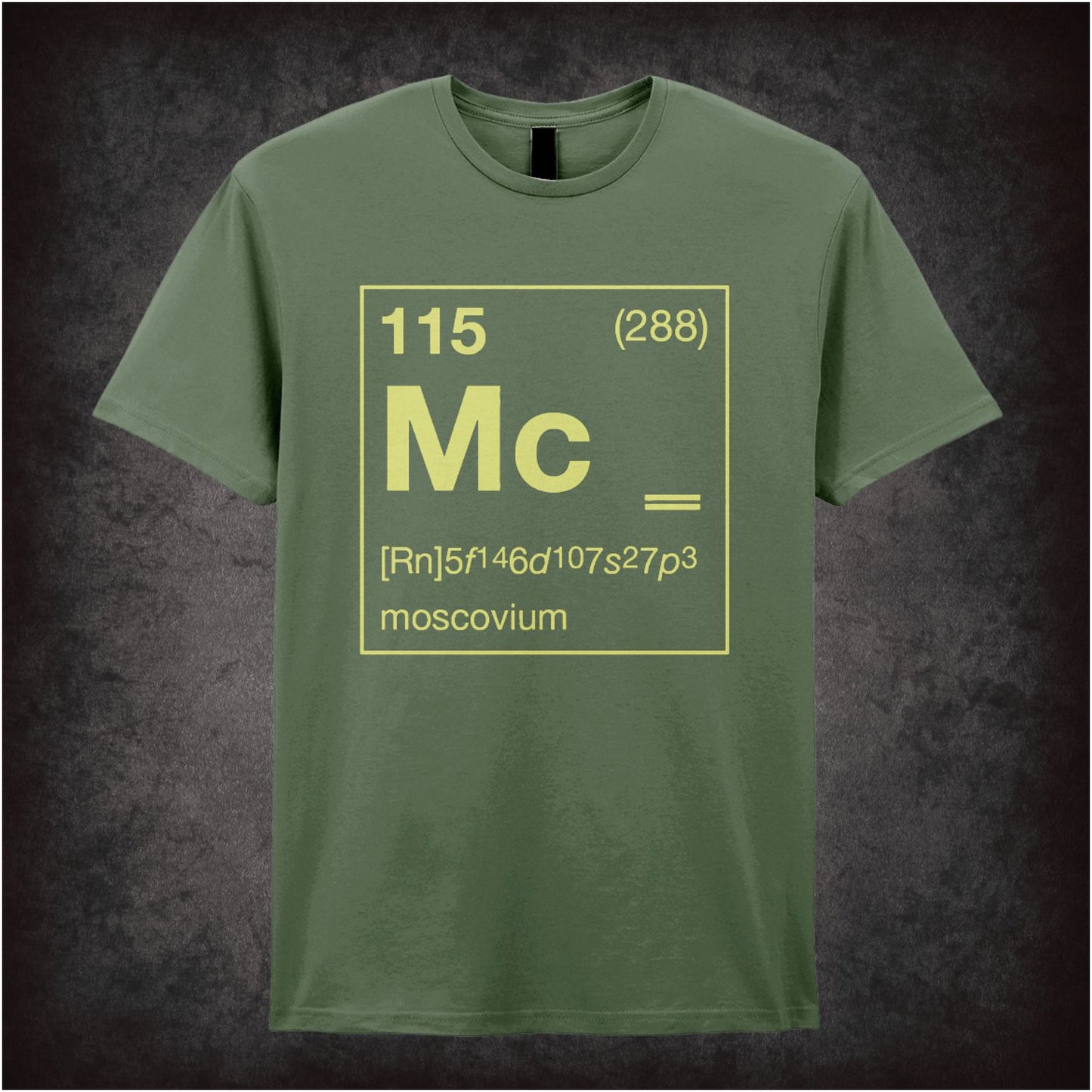 Moscovium element 115 periodic table graphic T-shirt in military green