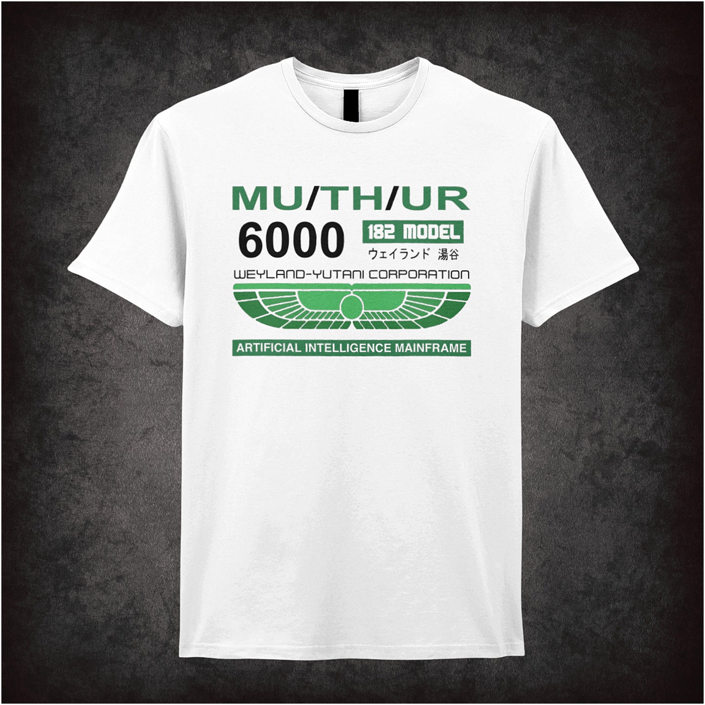 white coloured unisex t-shirt featuring a graphic of the MU/TH/UR 6000 AI Computer Systems interface from Alien, with retro-style text and futuristic design elements.