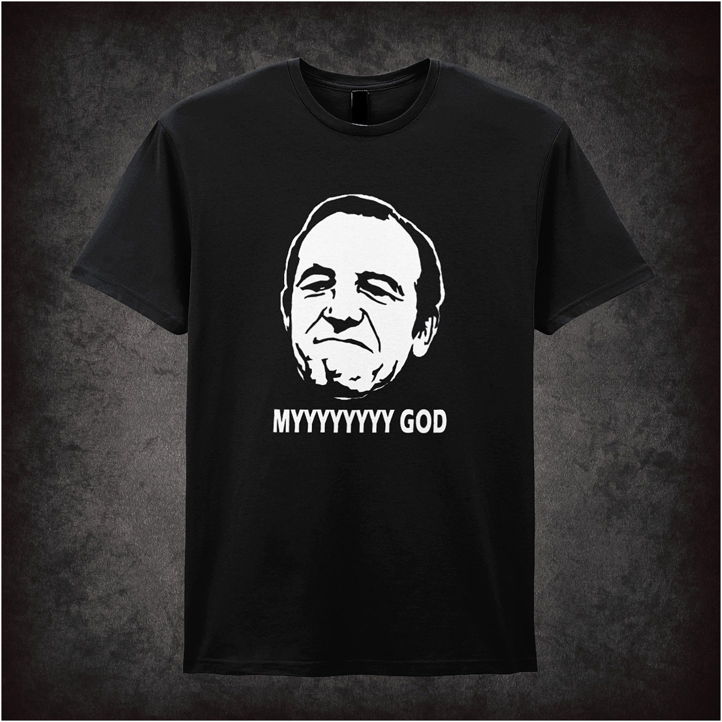 Soft style black unisex T-shirt featuring the iconic catchphrase "Myyyyyyy God" inspired by Rising Damp, a nod to classic British sitcom humor.