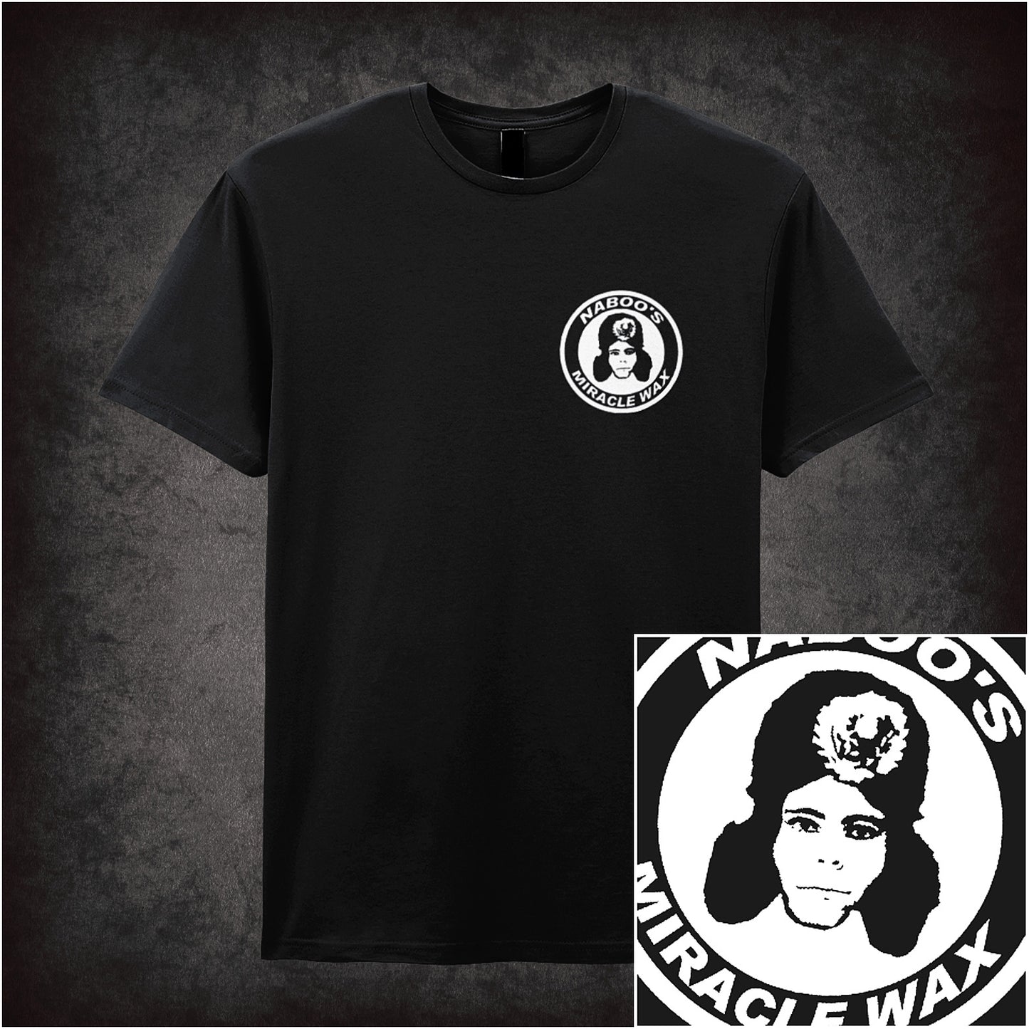 black unisex T-shirt featuring “Naboo's Miracle Wax” design inspired by The Mighty Boosh, with colorful, retro-style typography and whimsical detailing.