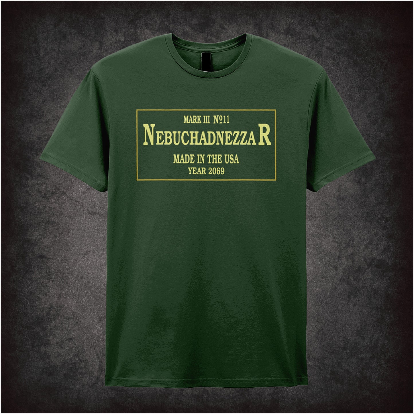 forest unisex T-shirt featuring the text “Nebuchadnezzar Mark III Number 11” inspired by The Matrix, styled in futuristic white lettering with a cyberpunk aesthetic.
