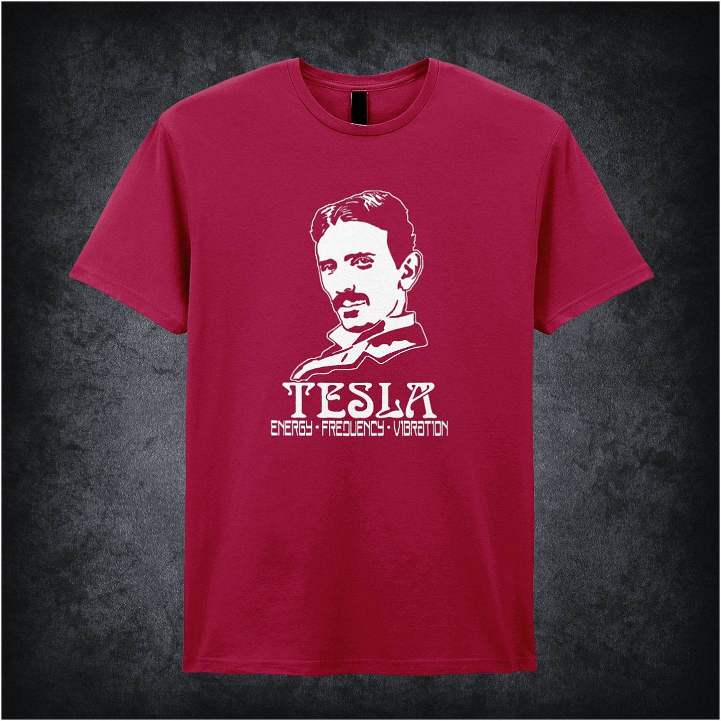 cardinal red soft style unisex T-shirt featuring the words "Energy - Vibration - Frequency" inspired by Nikola Tesla, in bold, minimalist typography.