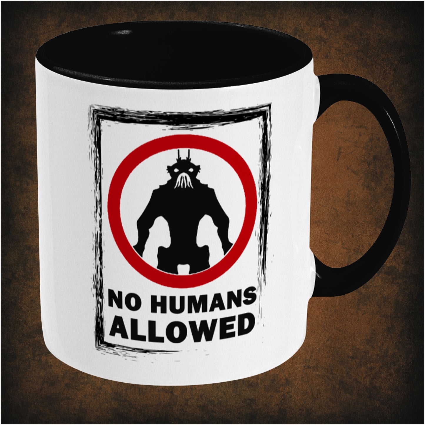 NO HUMANS ALLOWED – District 9 inspired two-toned ceramic mug right hand side featuring bold sci-fi alien design, perfect gift for fans of District 9 and science fiction movies.
