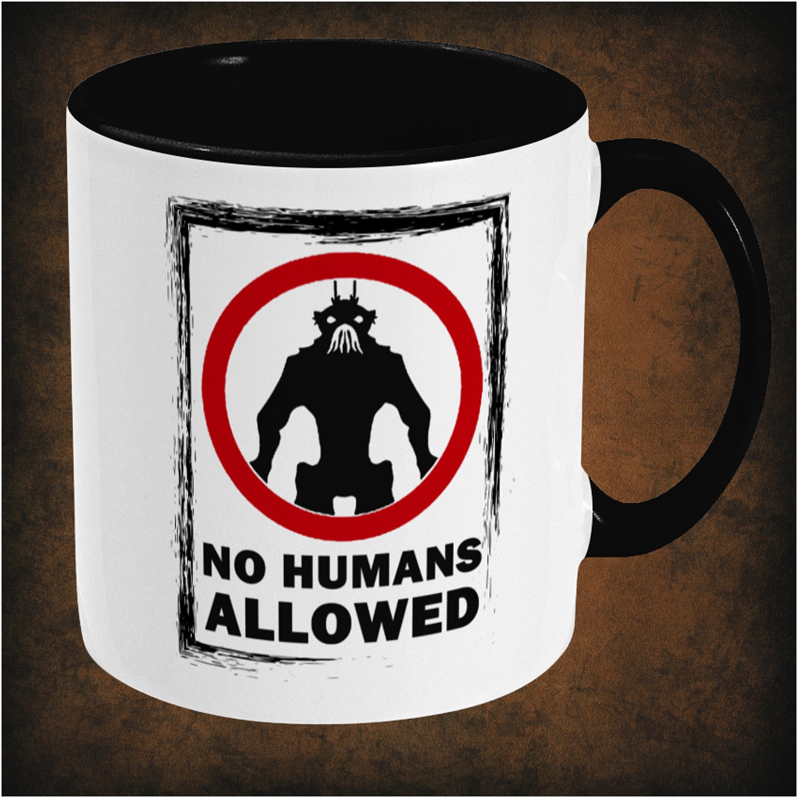 NO HUMANS ALLOWED – District 9 inspired two-toned ceramic mug right hand side featuring bold sci-fi alien design, perfect gift for fans of District 9 and science fiction movies.