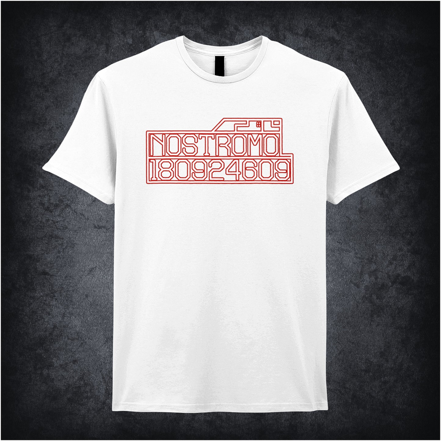 white coloured unisex t-shirt featuring the Nostromo start-up screen design from Alien, with a retro sci-fi digital interface graphic.