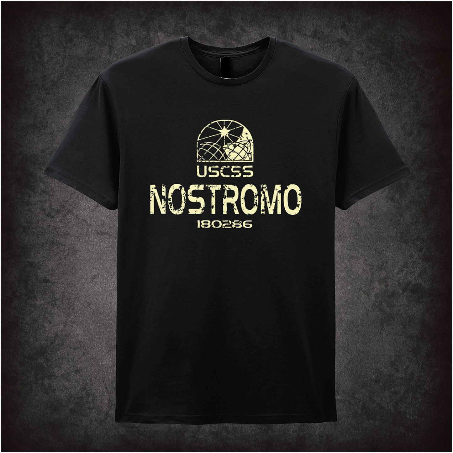 black soft style unisex T-shirt featuring "USCSS Nostromo 180286" from Alien, designed with a vintage-style sci-fi ship insignia.