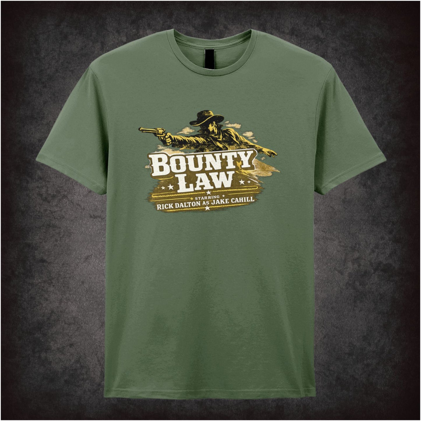 Bounty Law TV show logo T-shirt in military green from Once Upon a Time in Hollywood