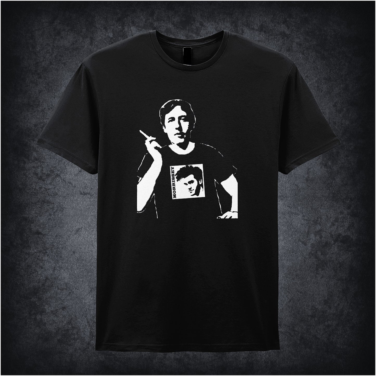 black soft style unisex T-shirt featuring the phrase "Wearing Morrissey" inspired by Oscar Wilde, designed with bold, minimalist typography.