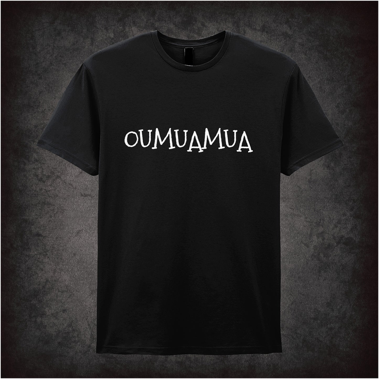Black unisex T-shirt featuring a stylized design of ‘Mysterious Interstella Object – ‘Oumuamua’ with cosmic graphics and bold space-themed text.