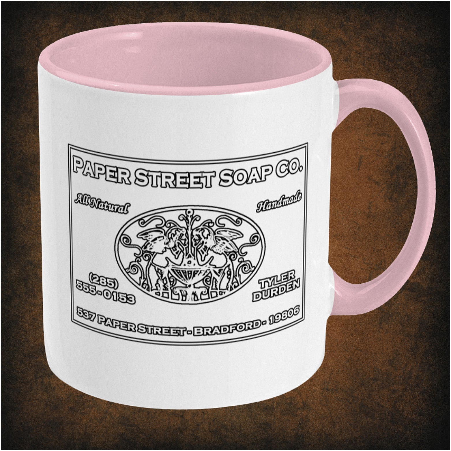 Paper Street Soap Company two-toned mug inspired by Fight Club, right hand side featuring iconic movie logo, minimalist black and white design, and collectible pop culture merchandise for fans.