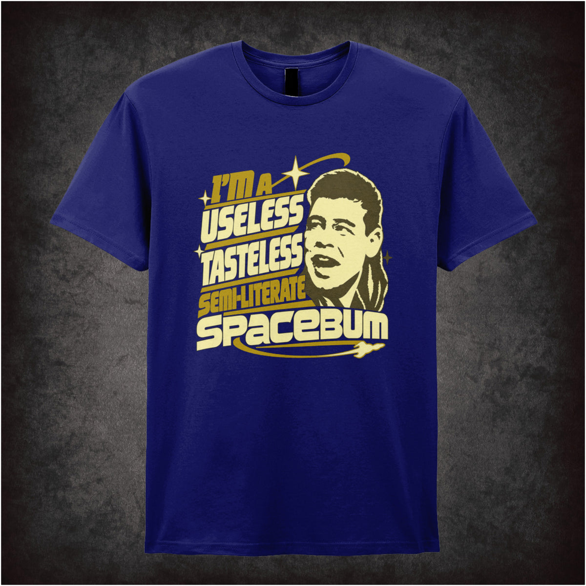 “Lister ‘I’m a useless tasteless semi-literate spacebum’ T-shirt in navy from Red Dwarf”